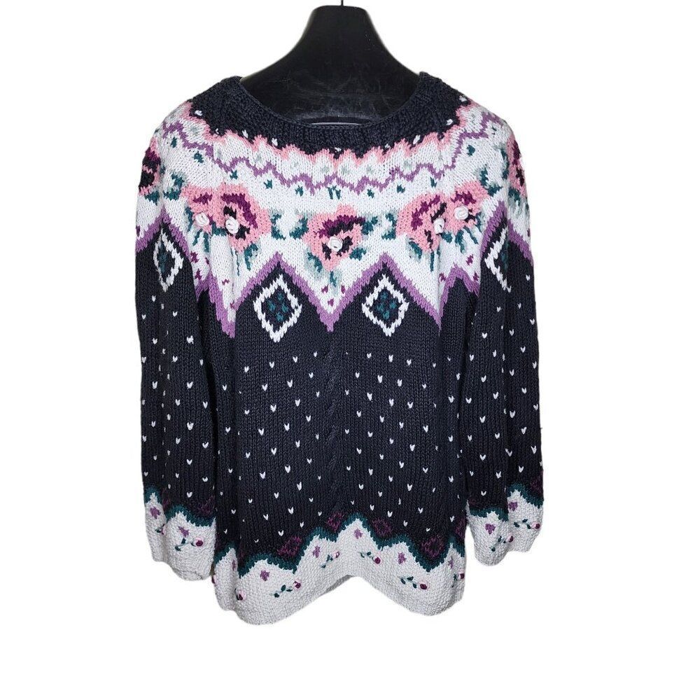 Vintage 80s Hand Knit Crew Neck Sweater Womens  L Black Floral Cottage